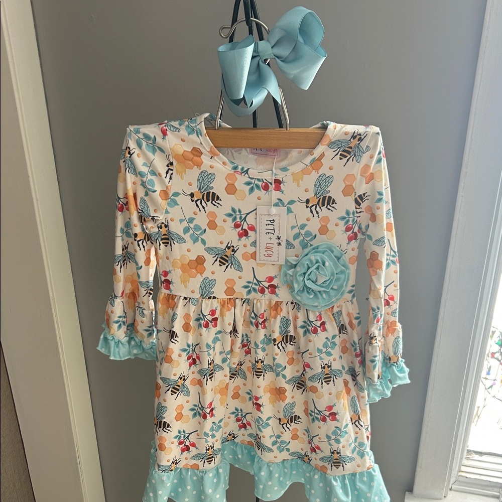 Pete + Lucy Floral Bee Print Dress with Blue Accents